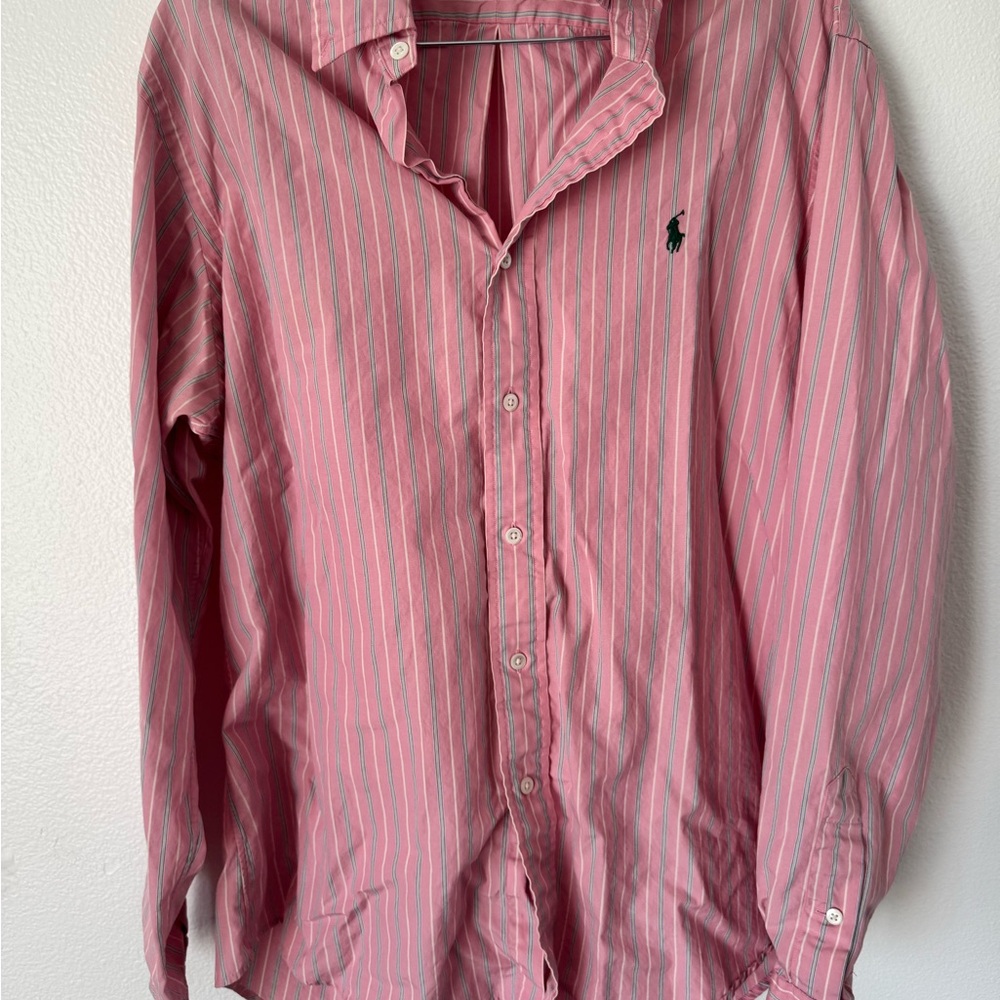 VTG Ralph Lauren Oxford Shirt | Pink & Green Bengal Stripe | Size Large Button